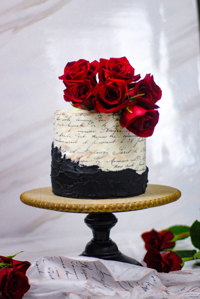 Love Letter Tuxedo Cake with Stamped Wafer Paper Technique