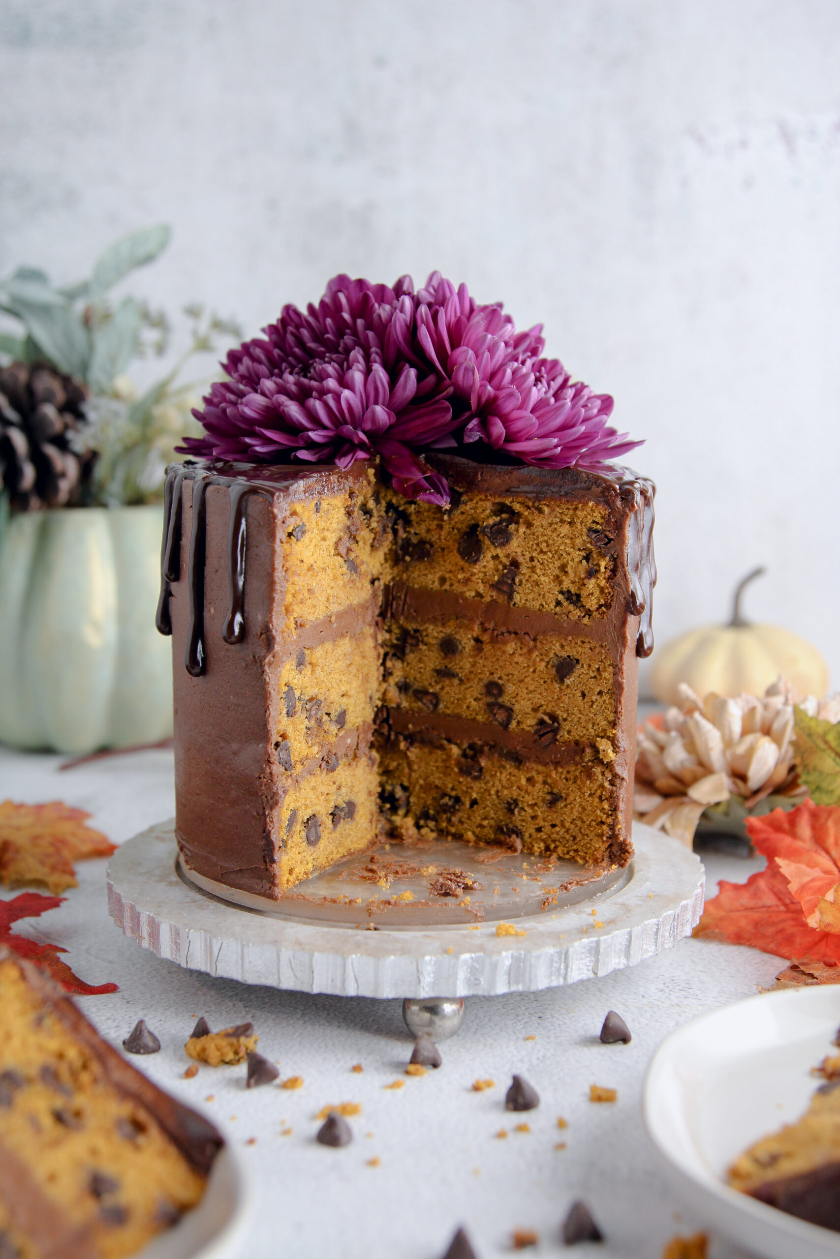 chocolate chip pumpkin layer cake topped with chocolate ganache and a purple flower